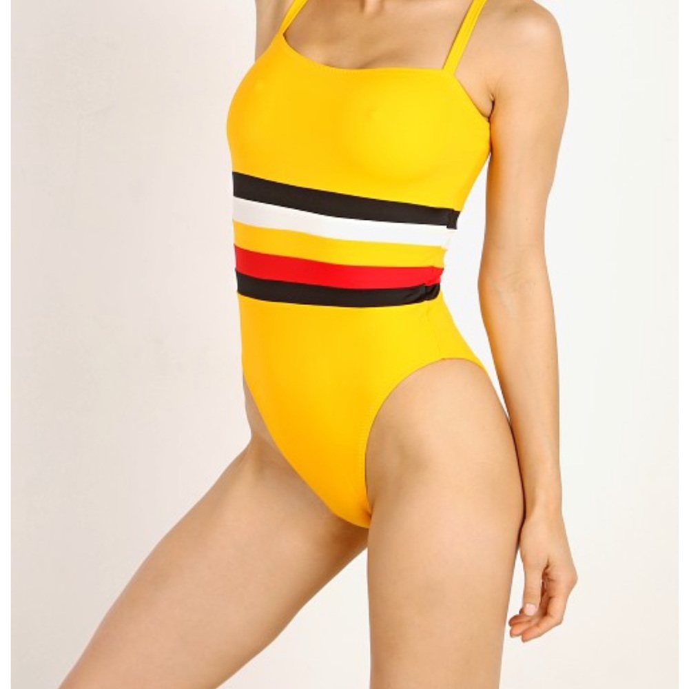 solid and striped redone yellow mustard Malibu one piece swimsuit large